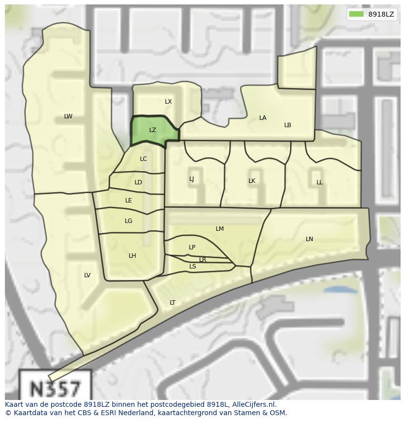 Afbeelding van het postcodegebied 8918 LZ op de kaart.