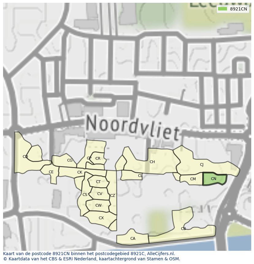 Afbeelding van het postcodegebied 8921 CN op de kaart.