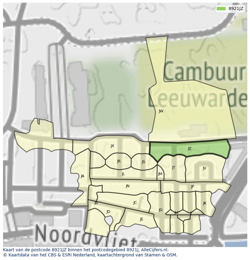 Afbeelding van het postcodegebied 8921 JZ op de kaart.