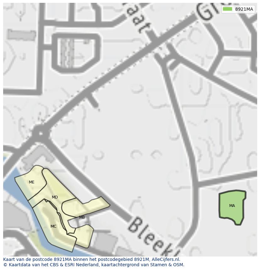 Afbeelding van het postcodegebied 8921 MA op de kaart.