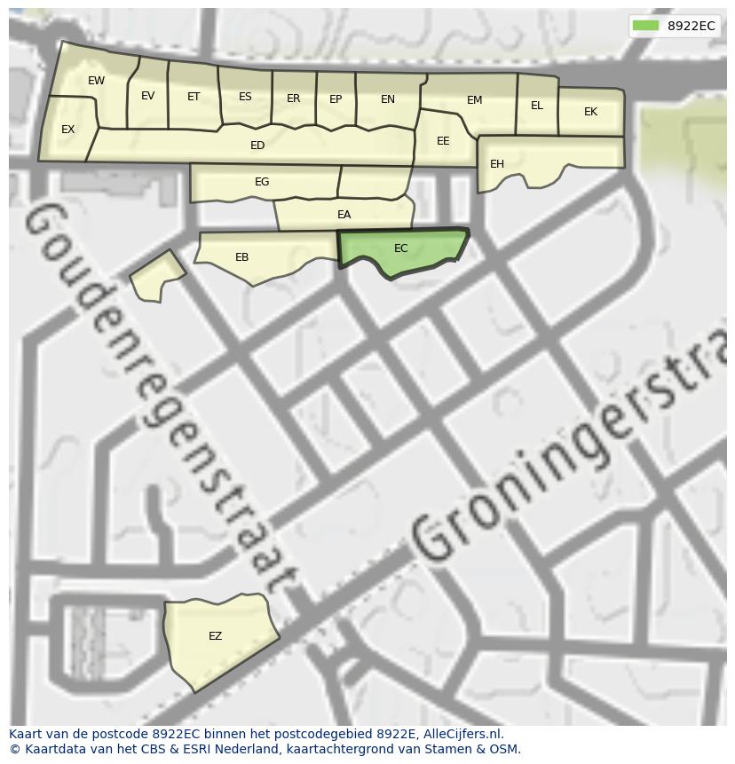 Afbeelding van het postcodegebied 8922 EC op de kaart.