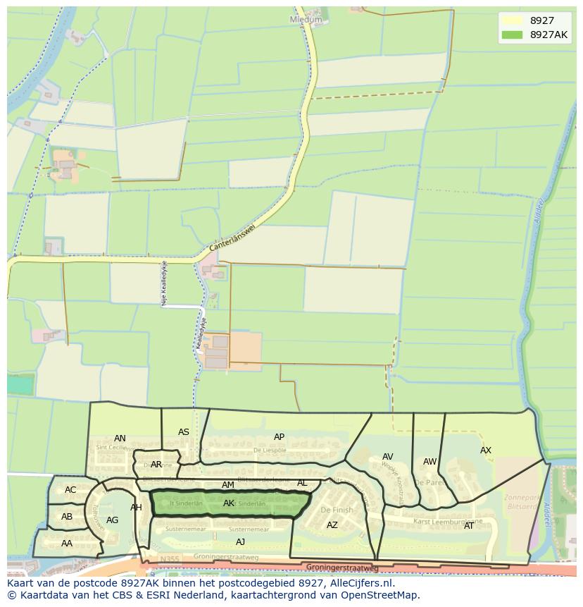 Afbeelding van het postcodegebied 8927 AK op de kaart.