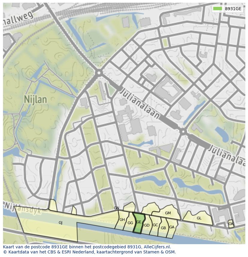 Afbeelding van het postcodegebied 8931 GE op de kaart.