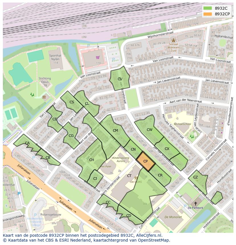 Afbeelding van het postcodegebied 8932 CP op de kaart.