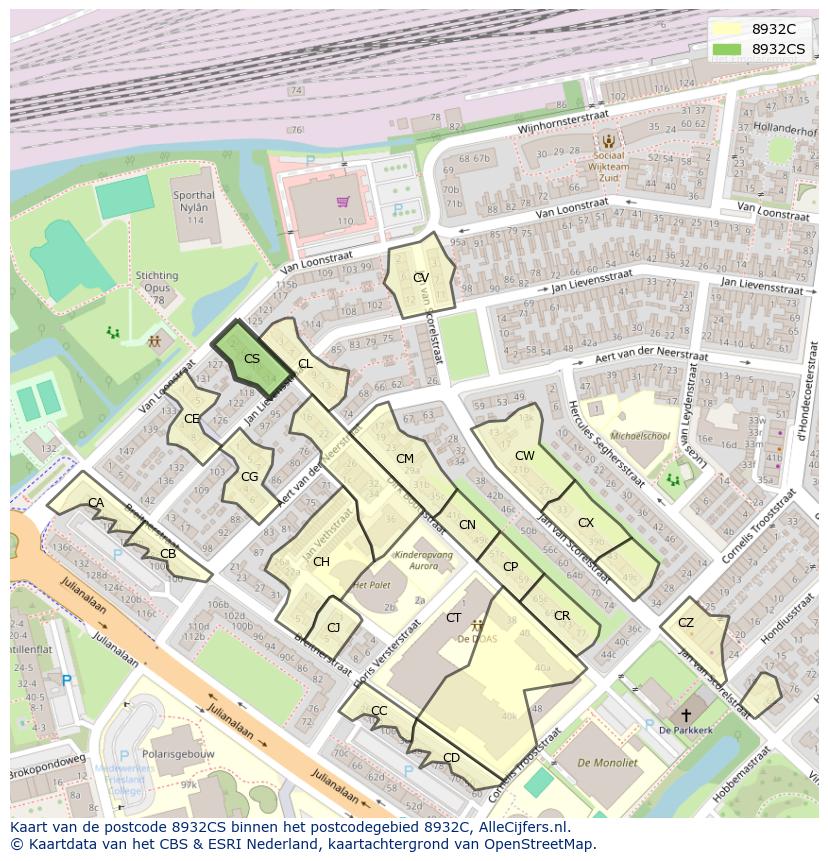 Afbeelding van het postcodegebied 8932 CS op de kaart.