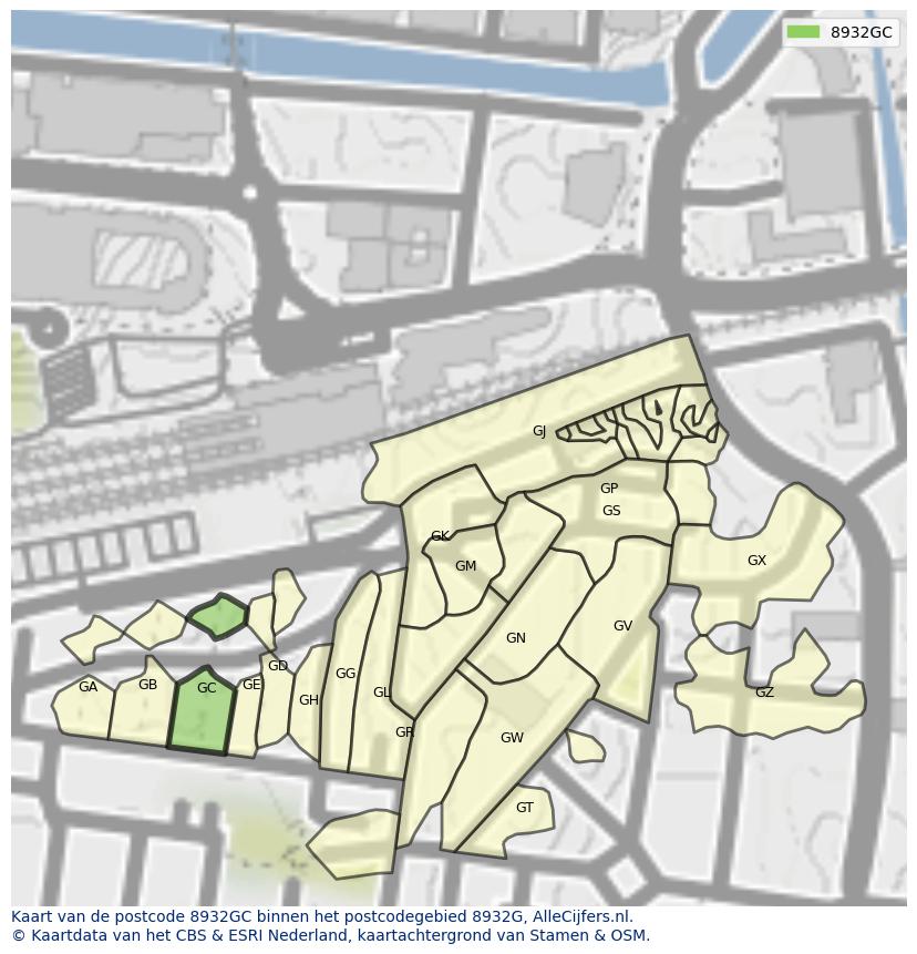 Afbeelding van het postcodegebied 8932 GC op de kaart.