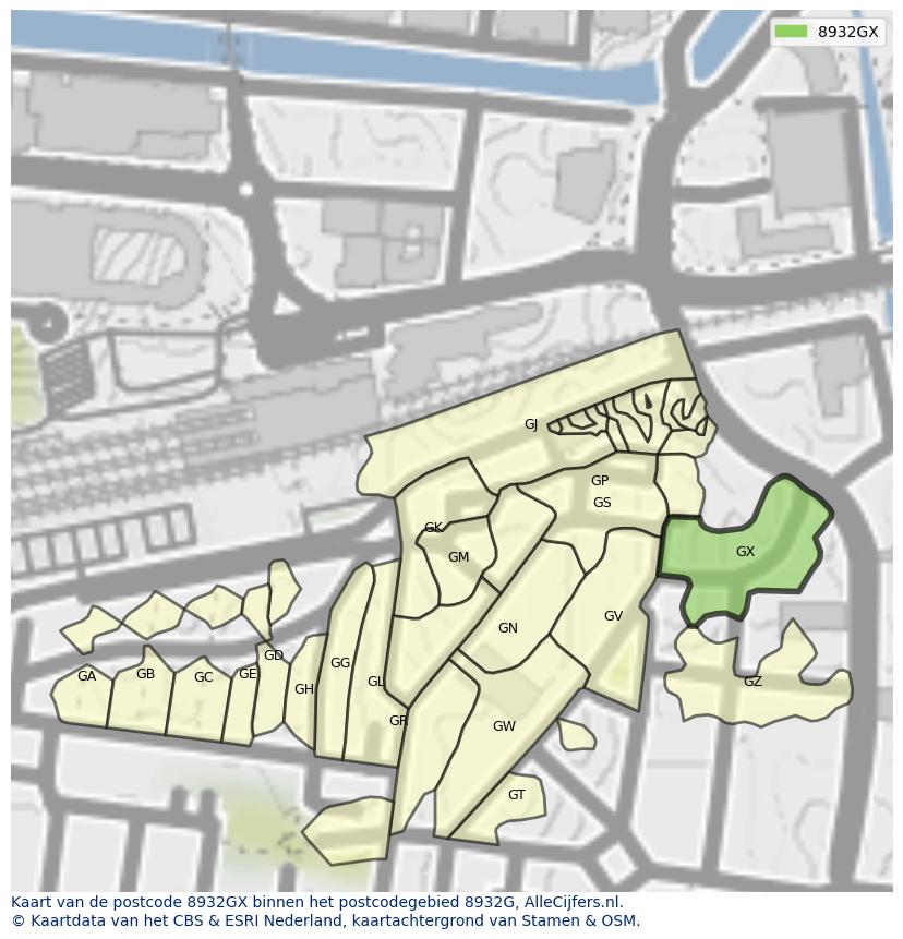 Afbeelding van het postcodegebied 8932 GX op de kaart.