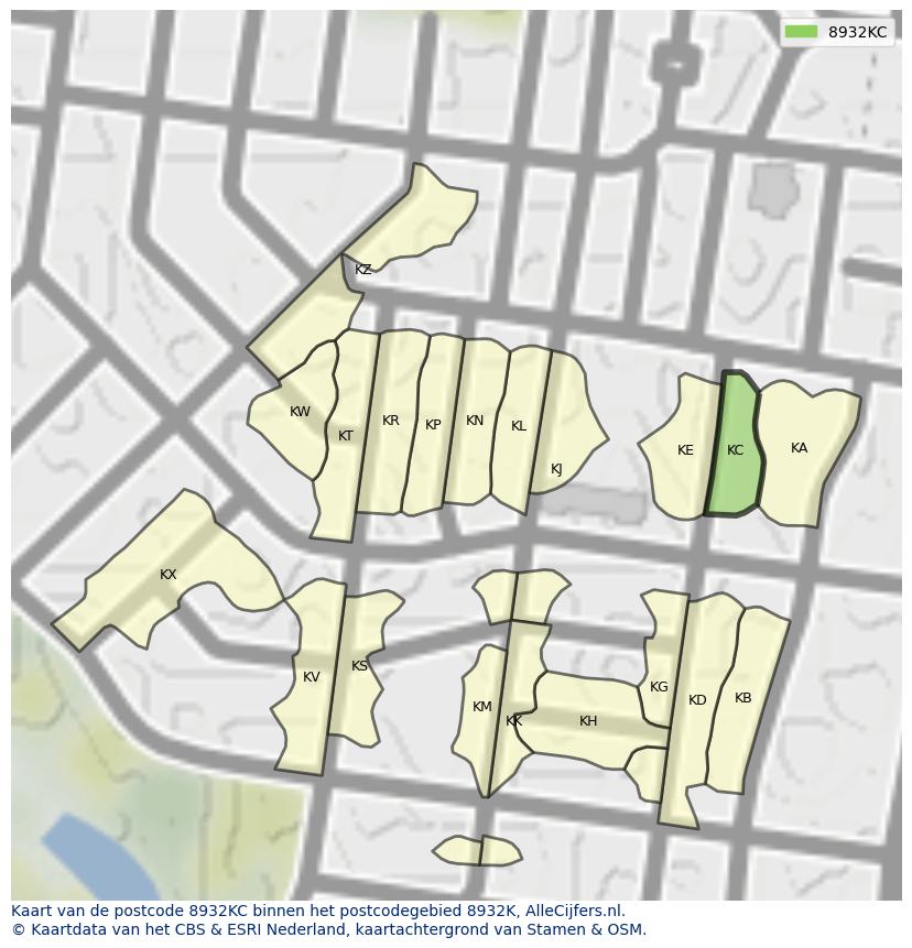 Afbeelding van het postcodegebied 8932 KC op de kaart.