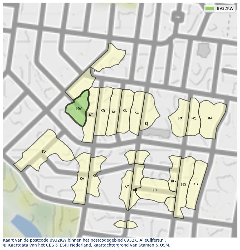 Afbeelding van het postcodegebied 8932 KW op de kaart.