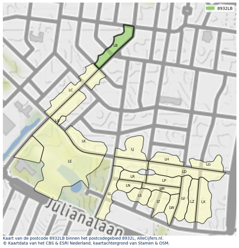 Afbeelding van het postcodegebied 8932 LB op de kaart.