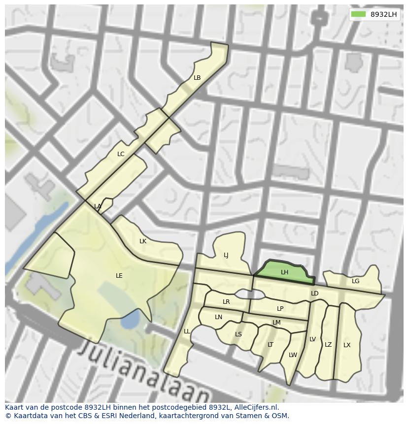 Afbeelding van het postcodegebied 8932 LH op de kaart.