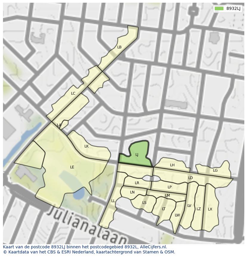 Afbeelding van het postcodegebied 8932 LJ op de kaart.