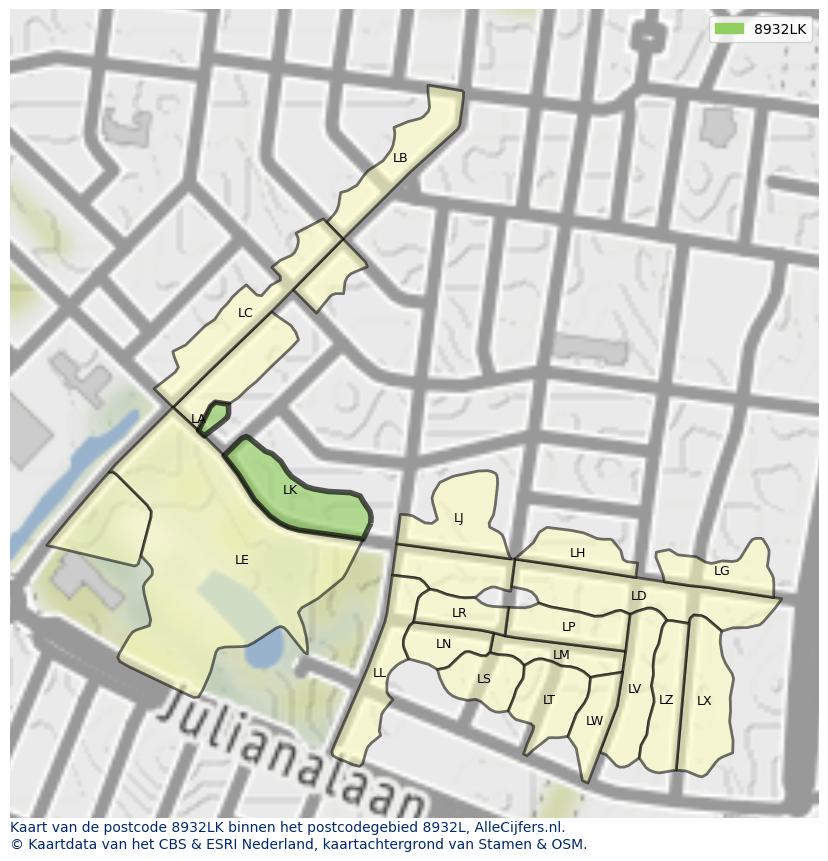Afbeelding van het postcodegebied 8932 LK op de kaart.