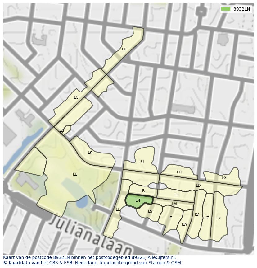 Afbeelding van het postcodegebied 8932 LN op de kaart.