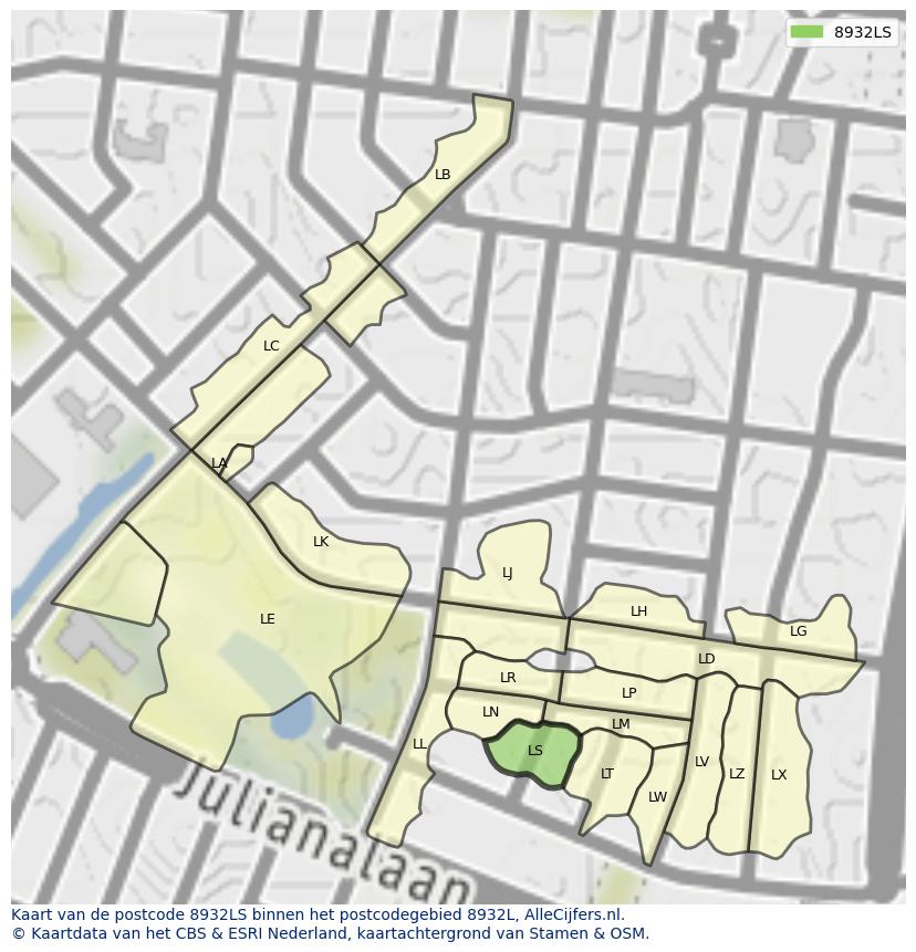 Afbeelding van het postcodegebied 8932 LS op de kaart.