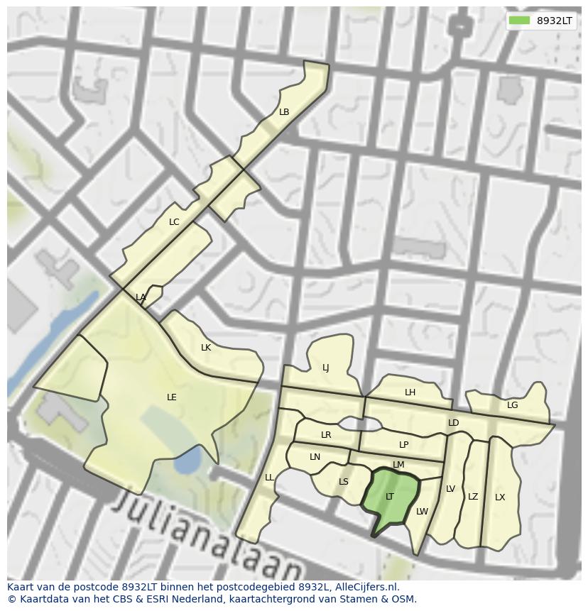 Afbeelding van het postcodegebied 8932 LT op de kaart.