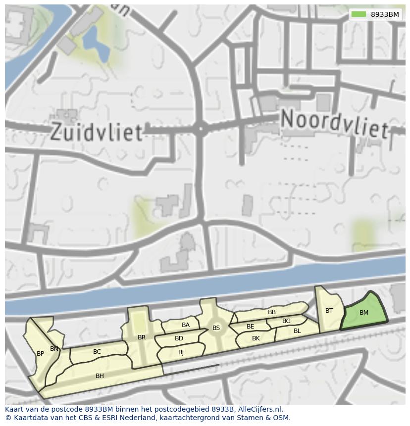 Afbeelding van het postcodegebied 8933 BM op de kaart.