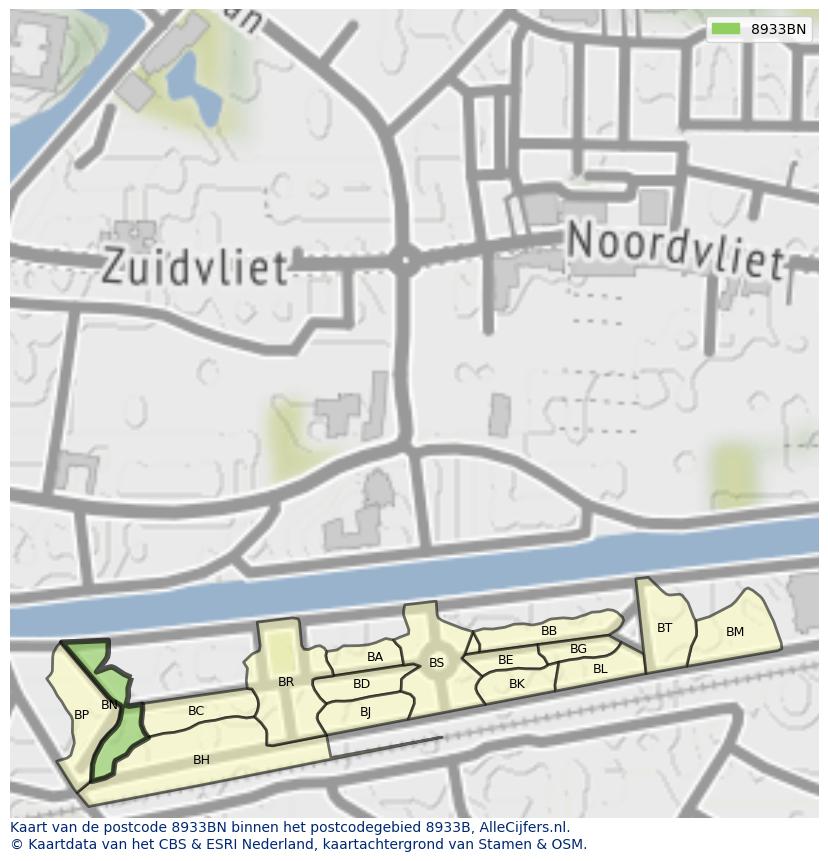 Afbeelding van het postcodegebied 8933 BN op de kaart.