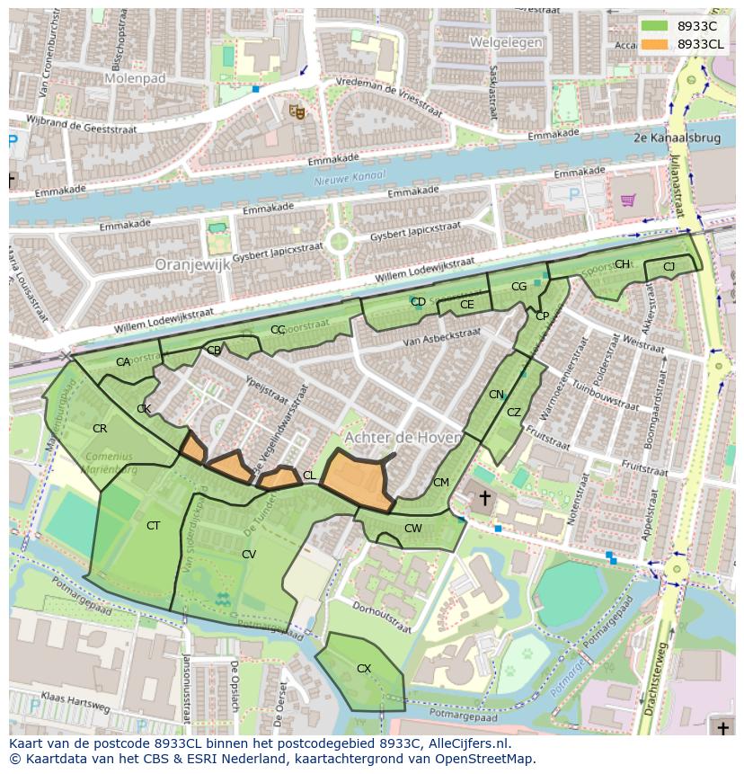 Afbeelding van het postcodegebied 8933 CL op de kaart.