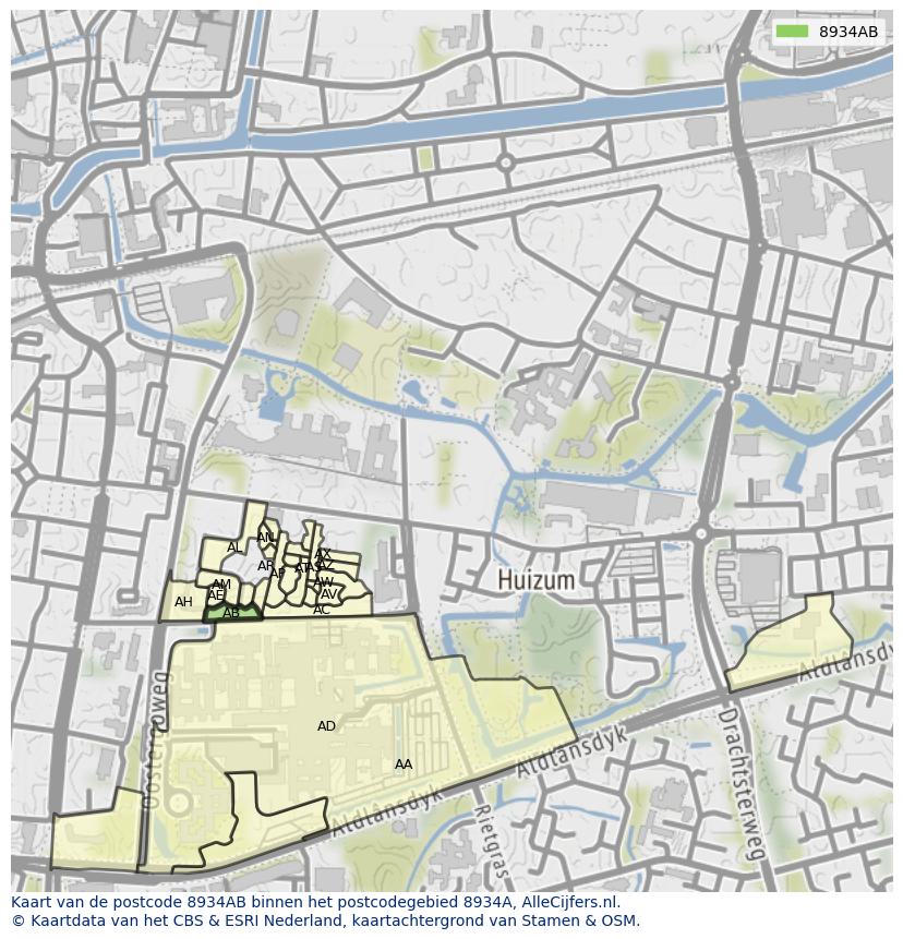 Afbeelding van het postcodegebied 8934 AB op de kaart.