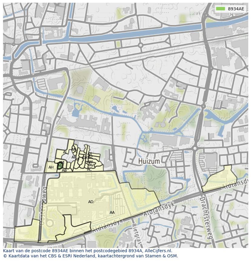 Afbeelding van het postcodegebied 8934 AE op de kaart.