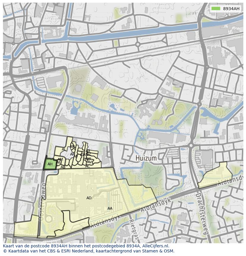 Afbeelding van het postcodegebied 8934 AH op de kaart.