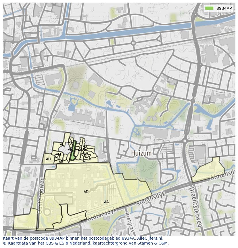 Afbeelding van het postcodegebied 8934 AP op de kaart.