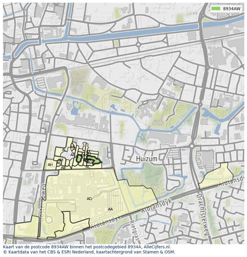 Afbeelding van het postcodegebied 8934 AW op de kaart.