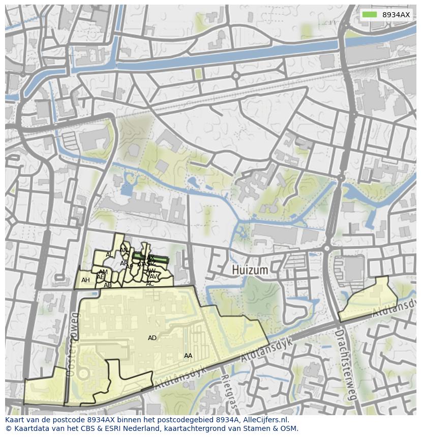 Afbeelding van het postcodegebied 8934 AX op de kaart.