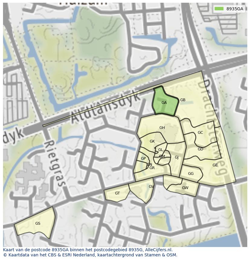 Afbeelding van het postcodegebied 8935 GA op de kaart.