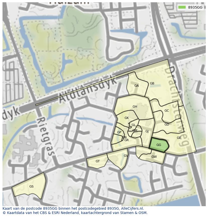 Afbeelding van het postcodegebied 8935 GG op de kaart.