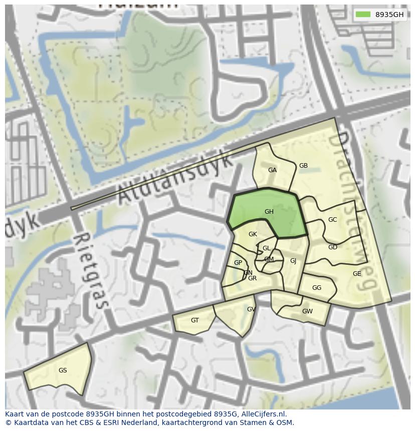 Afbeelding van het postcodegebied 8935 GH op de kaart.
