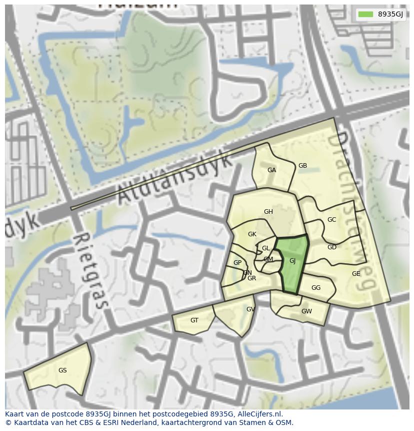 Afbeelding van het postcodegebied 8935 GJ op de kaart.