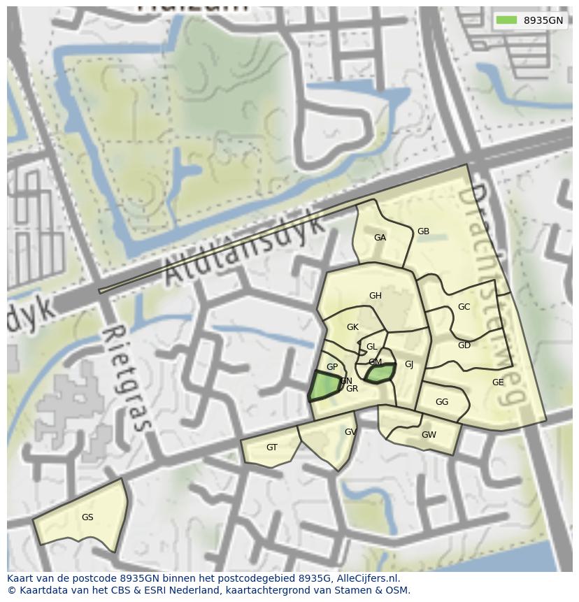 Afbeelding van het postcodegebied 8935 GN op de kaart.