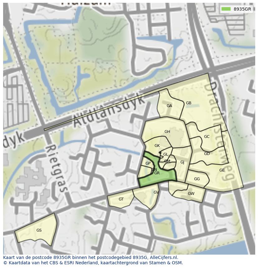 Afbeelding van het postcodegebied 8935 GR op de kaart.