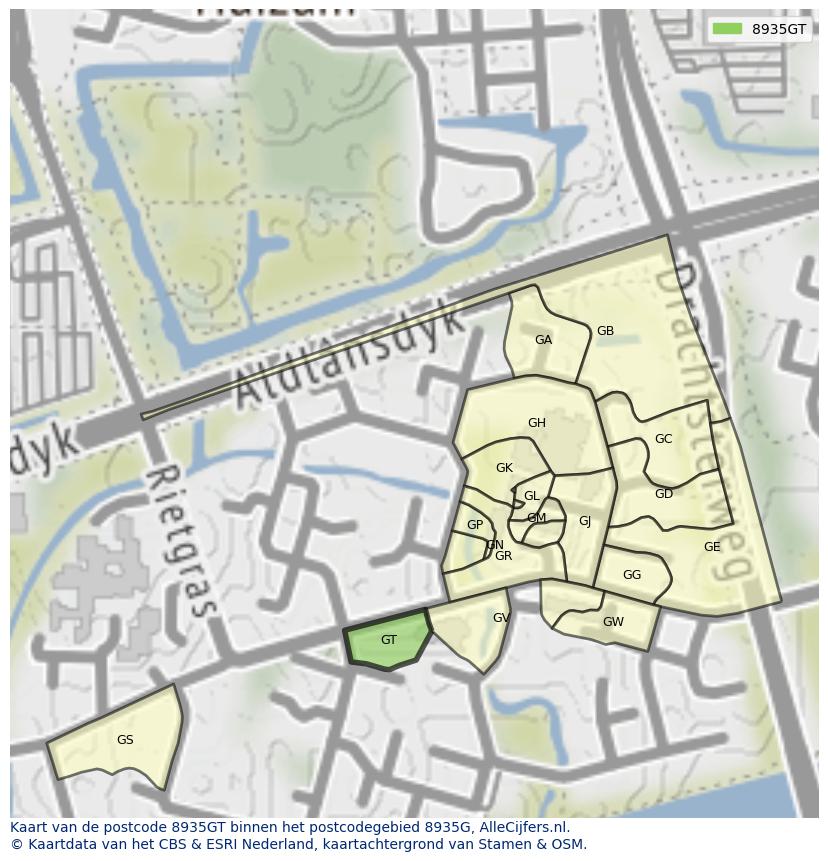 Afbeelding van het postcodegebied 8935 GT op de kaart.