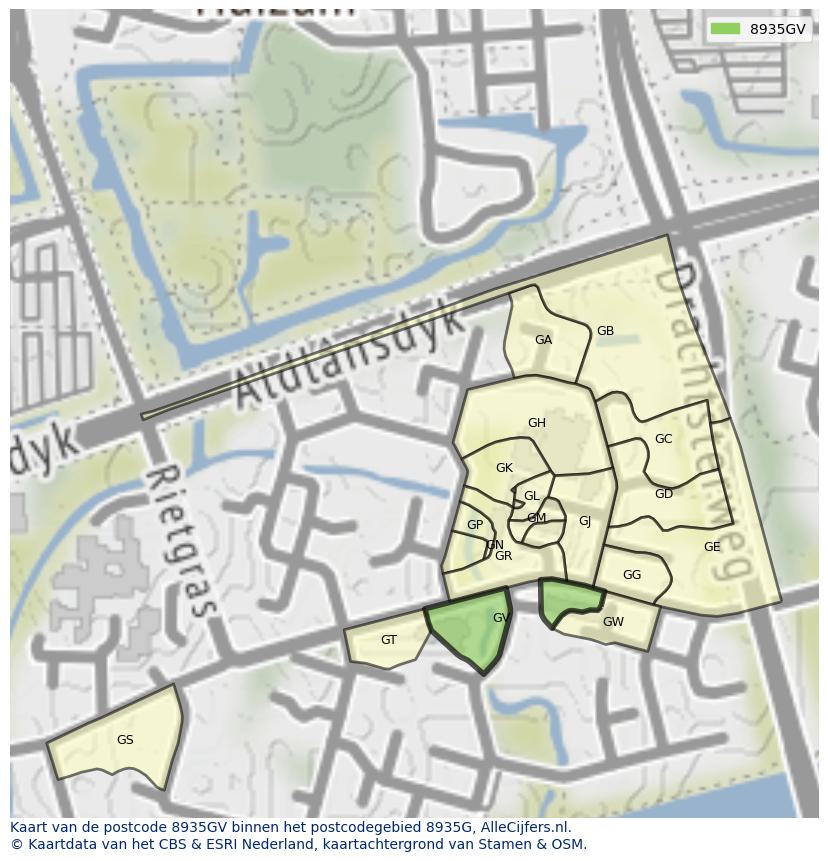 Afbeelding van het postcodegebied 8935 GV op de kaart.