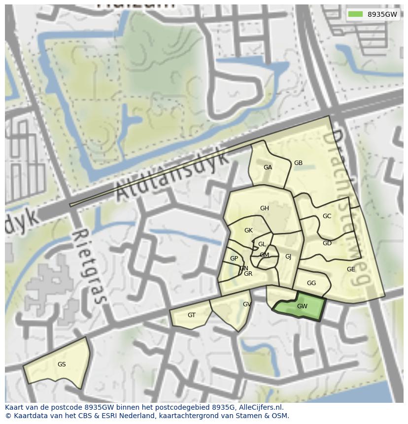 Afbeelding van het postcodegebied 8935 GW op de kaart.