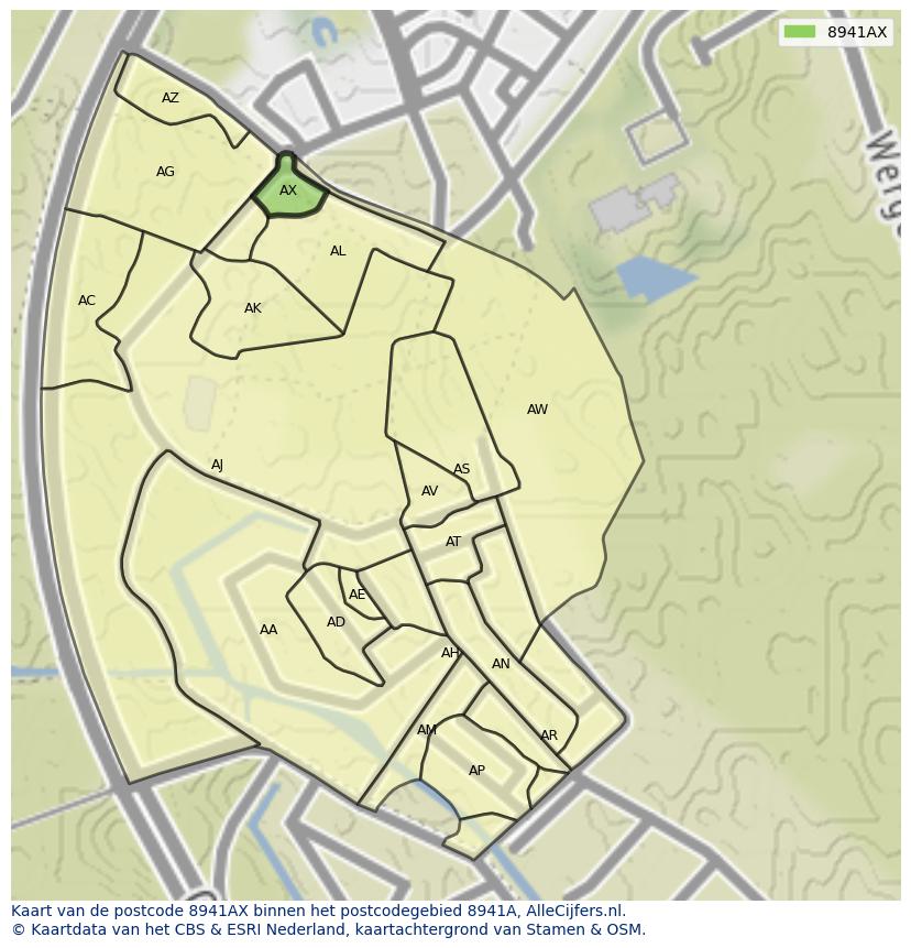 Afbeelding van het postcodegebied 8941 AX op de kaart.