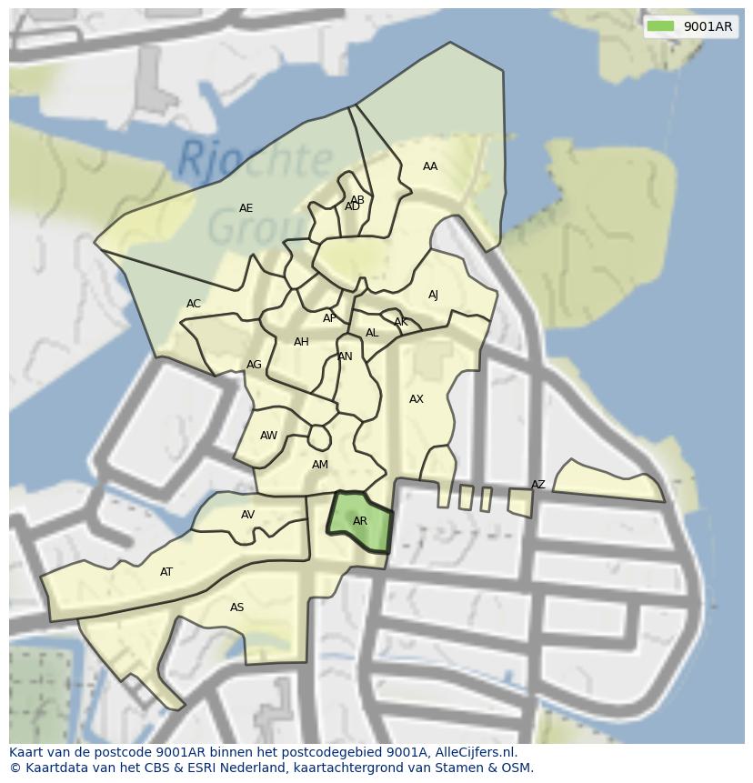 Afbeelding van het postcodegebied 9001 AR op de kaart.