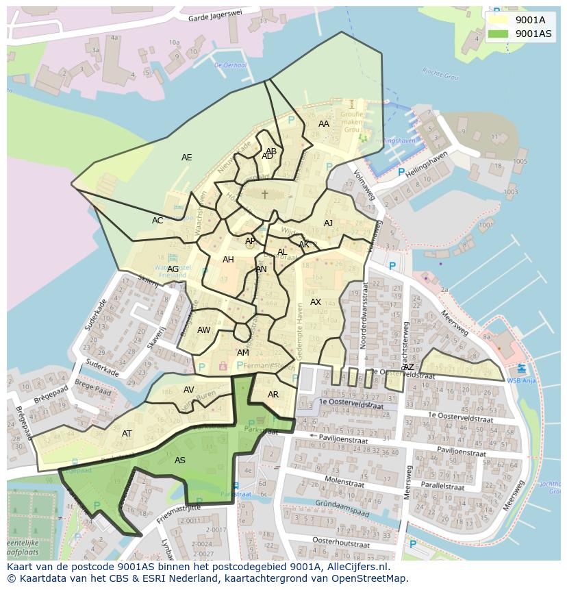 Afbeelding van het postcodegebied 9001 AS op de kaart.