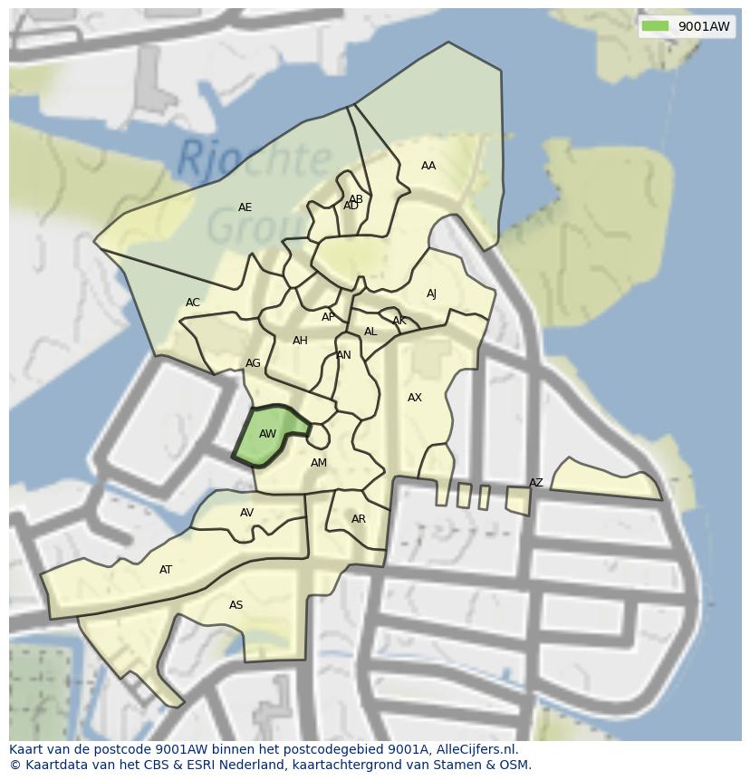 Afbeelding van het postcodegebied 9001 AW op de kaart.