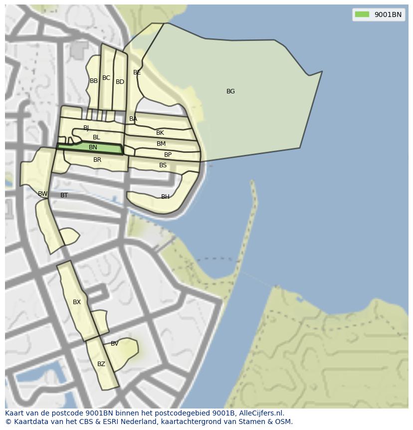 Afbeelding van het postcodegebied 9001 BN op de kaart.