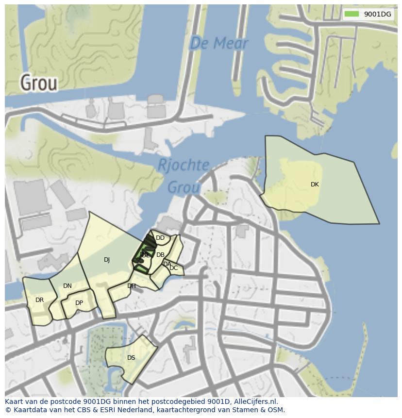 Afbeelding van het postcodegebied 9001 DG op de kaart.