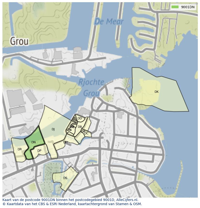 Afbeelding van het postcodegebied 9001 DN op de kaart.