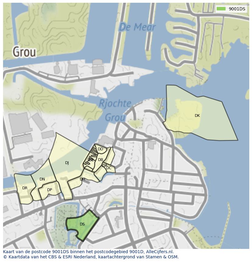 Afbeelding van het postcodegebied 9001 DS op de kaart.