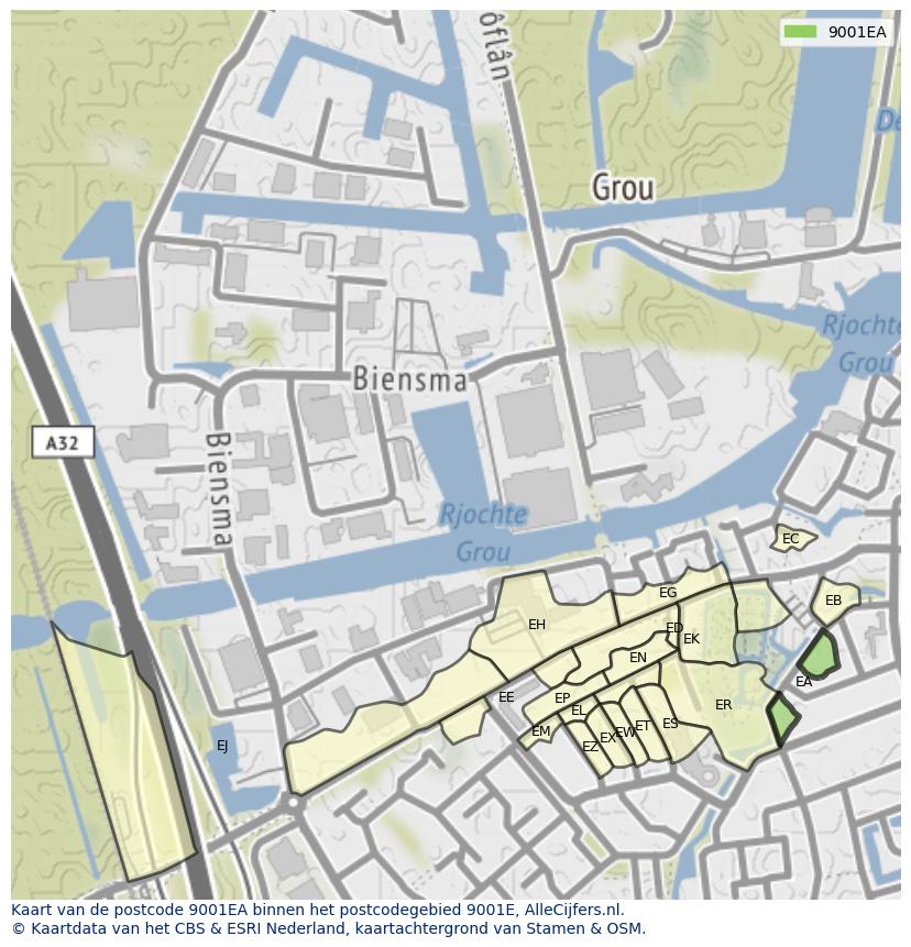 Afbeelding van het postcodegebied 9001 EA op de kaart.