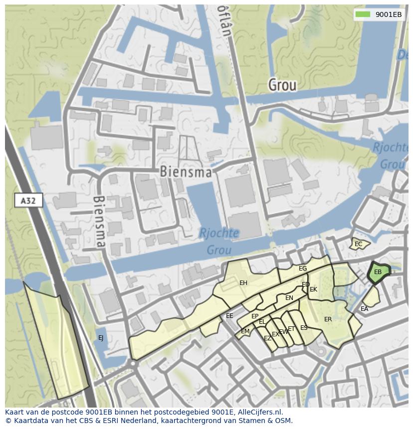 Afbeelding van het postcodegebied 9001 EB op de kaart.