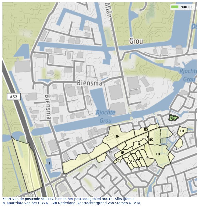 Afbeelding van het postcodegebied 9001 EC op de kaart.