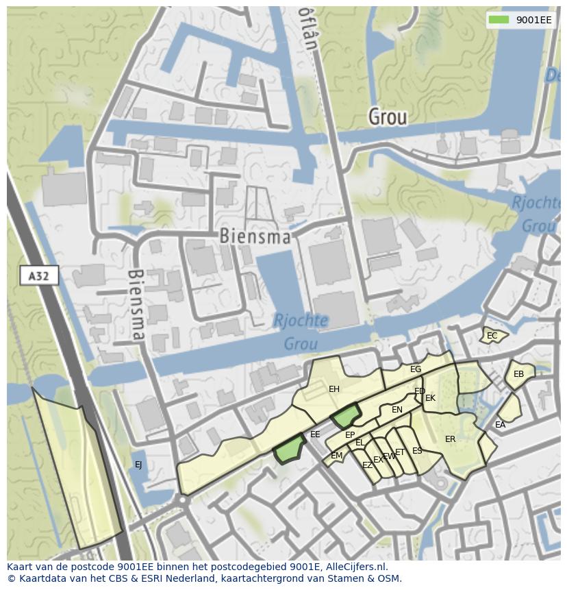 Afbeelding van het postcodegebied 9001 EE op de kaart.